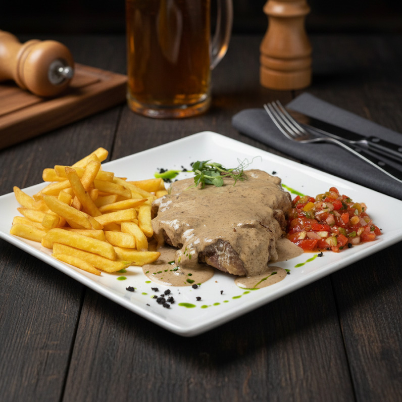 Стейк из свиной шеи в перечном соусе